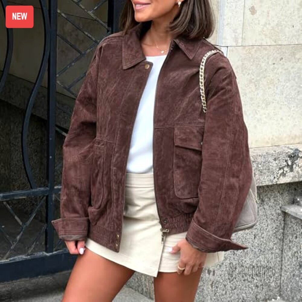 Vintage Faux Suede Bomber Jacket Cropped Biker Moto Style Oversized Fit - Picture 3 of 5